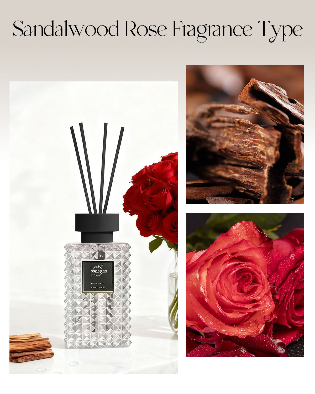 ルームフレグランス、リードディフューザーセット、サンダルウッドローズ(Sandalwood Rose)の香り